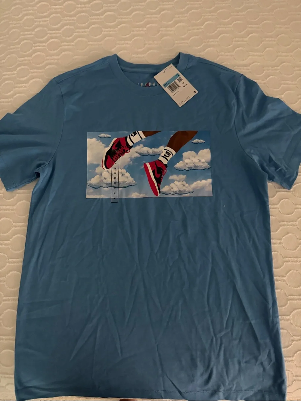 Jordan Men's Light Blue Tee with Red Sneaker Graphic